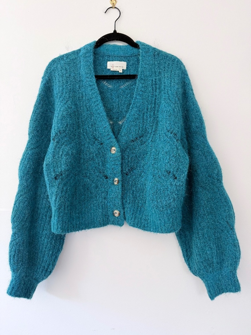 Anthropologie Gaby Teal Alpaca Wool Fuzzy Grunge Cardigan Cropped Balloon Sleev